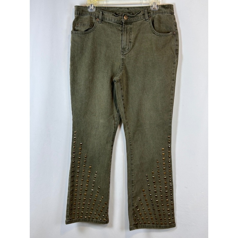 DG2 Diane Gilman Women Olive Green Studded Sunburst‎ Bootcut Jeans 12P Petite